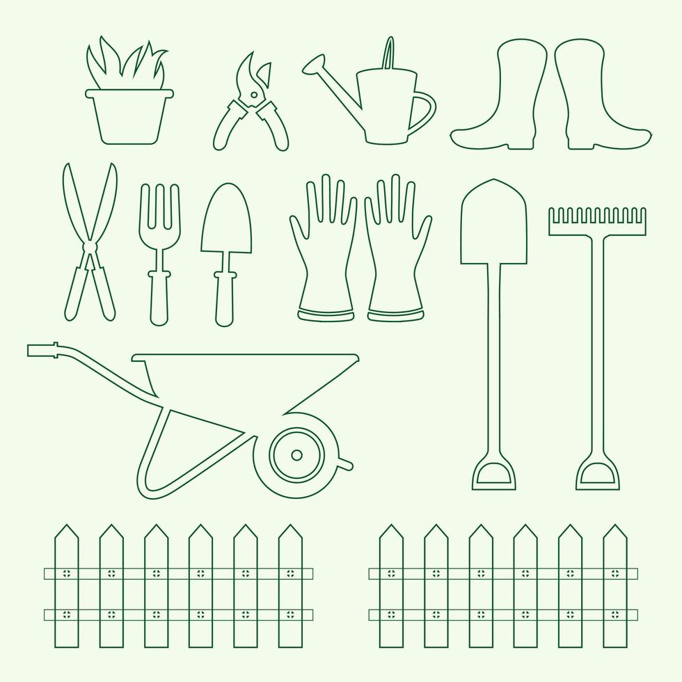 silueta del vector del conjunto de herramientas de jardinería. diseño gráfico de herramienta de jardinería plana simple