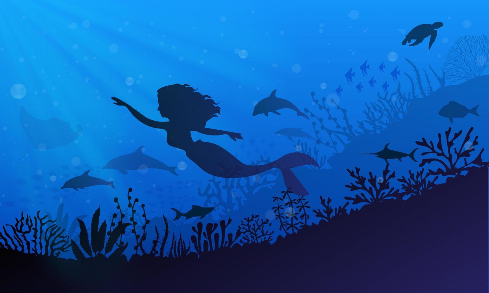 silhouette of mermaid with dolphin and reef. Mermaid underwater landscape background vector