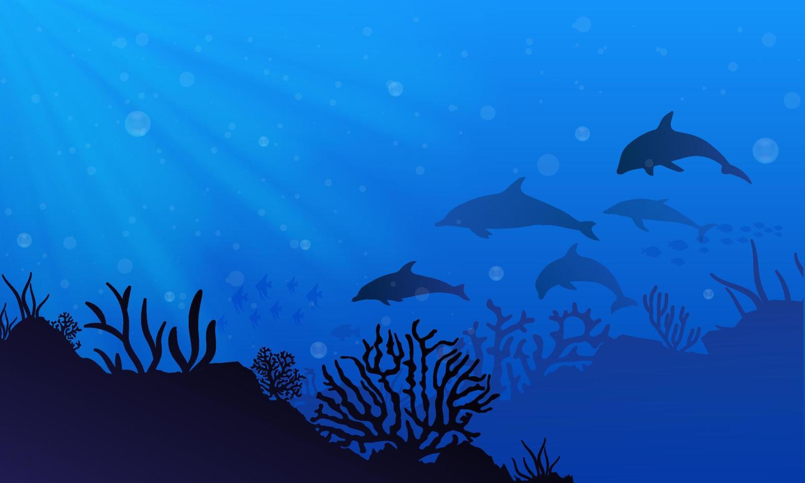 Underwater landscape background with silhouette of dolphin. Underwater background vector illustration