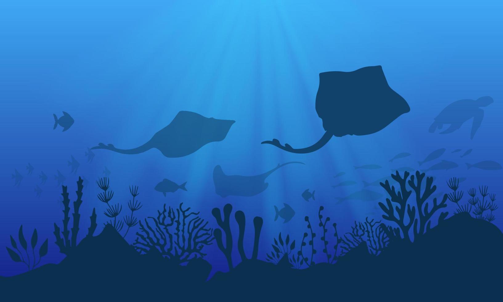 Underwater landscape background with silhouette of stingray. Underwater background vector illustration