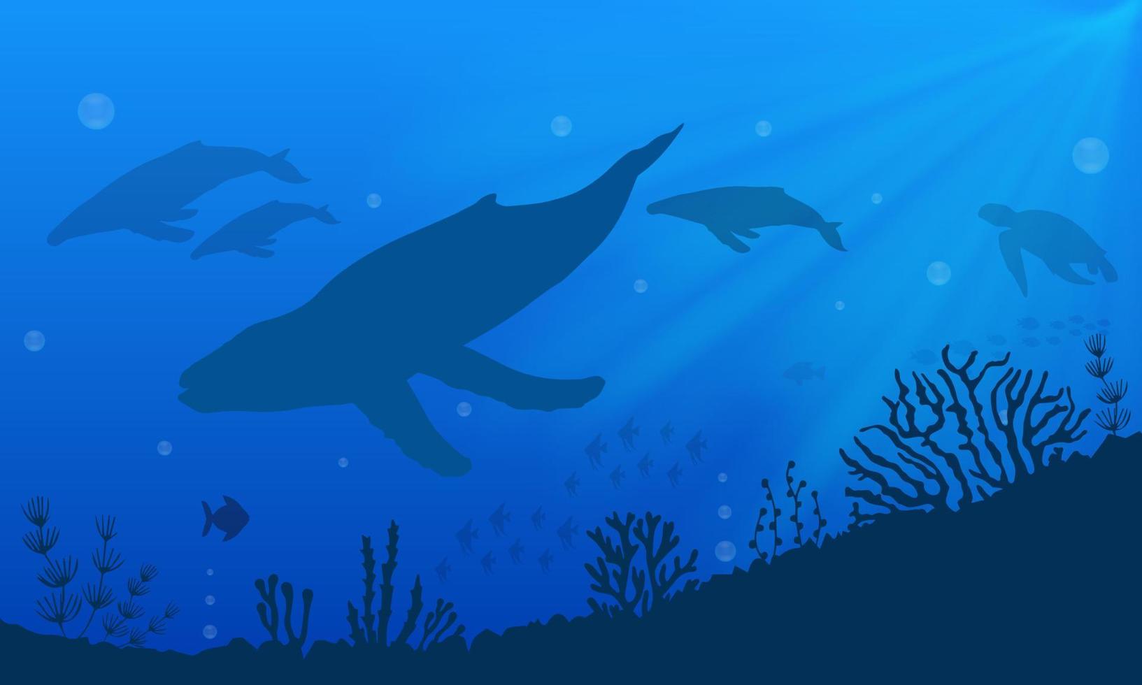 Underwater landscape background with silhouette of whale. Underwater background vector illustration