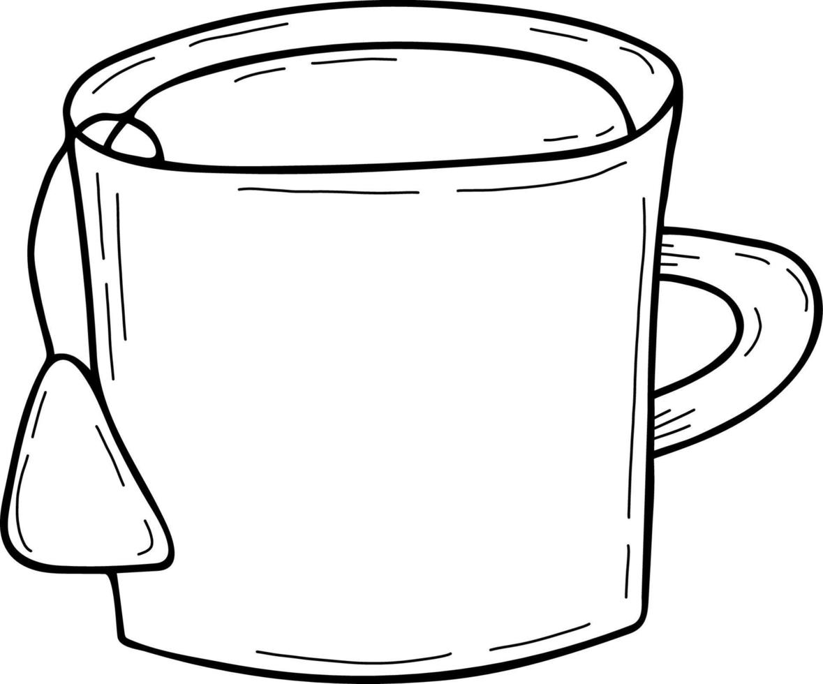 taza de té con bolsita de té. ilustración vectorial lineal, dibujado a mano, garabato vector