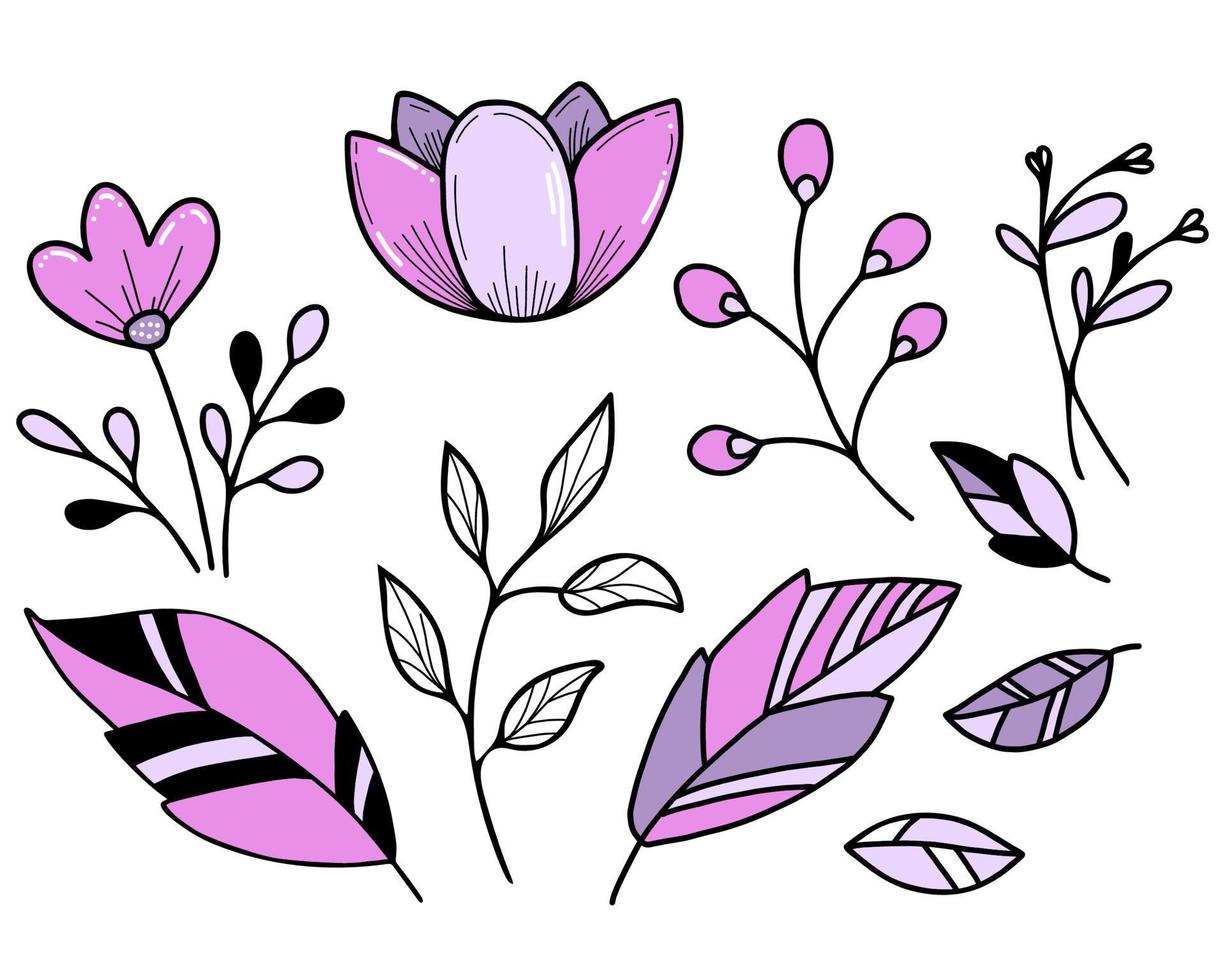 conjunto botánico. flores y hojas, loto y rama de planta. ilustración vectorial dibujos a mano aislados sobre fondo blanco vector