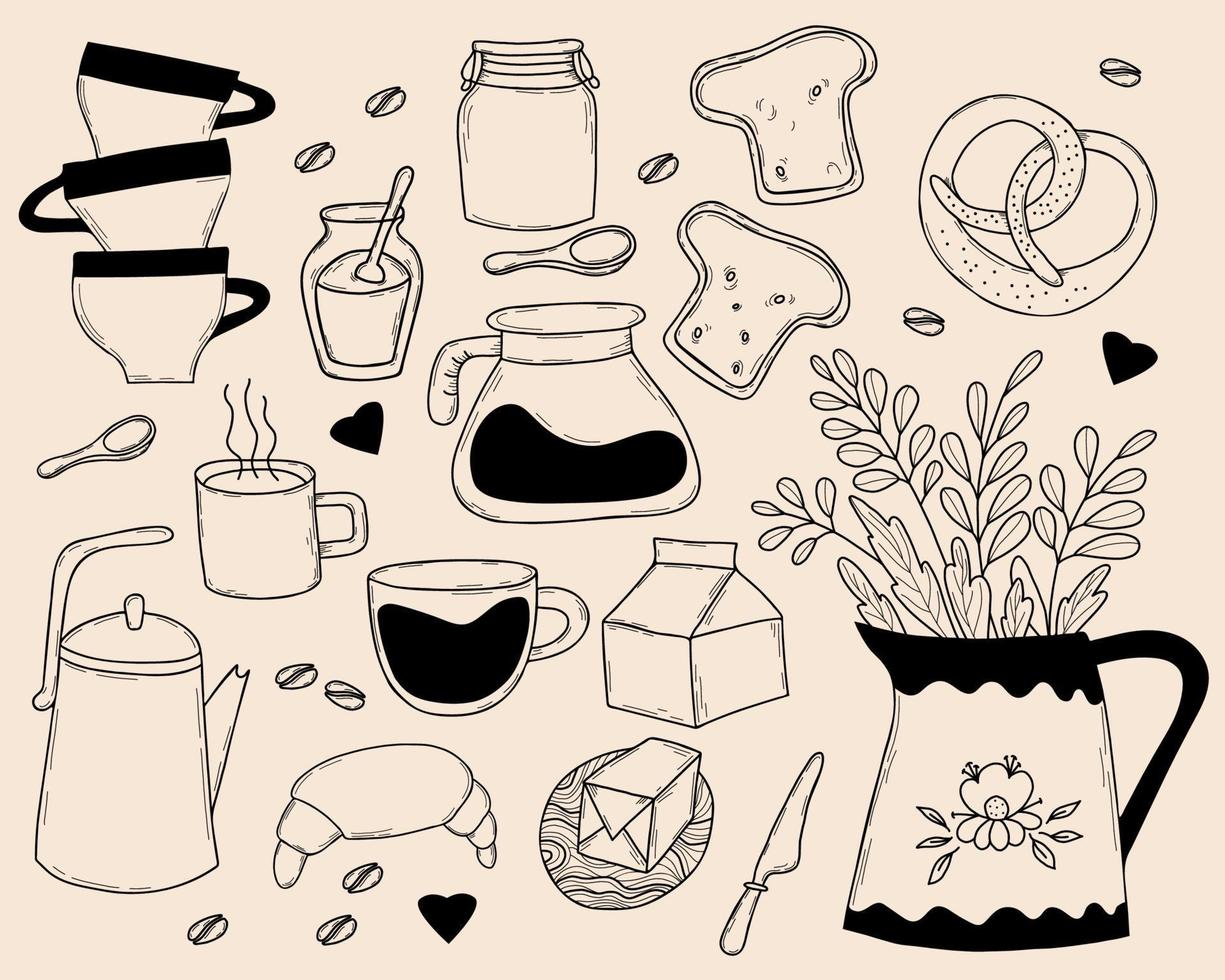 conjunto de herramientas de cocina garabatos. utensilios de cocina para cocinar, cuchillo y jarra con plantas, platos, tetera y tazas, productos de pan y margarina, tarros y utensilios de cocina. ilustración vectorial aislado vector