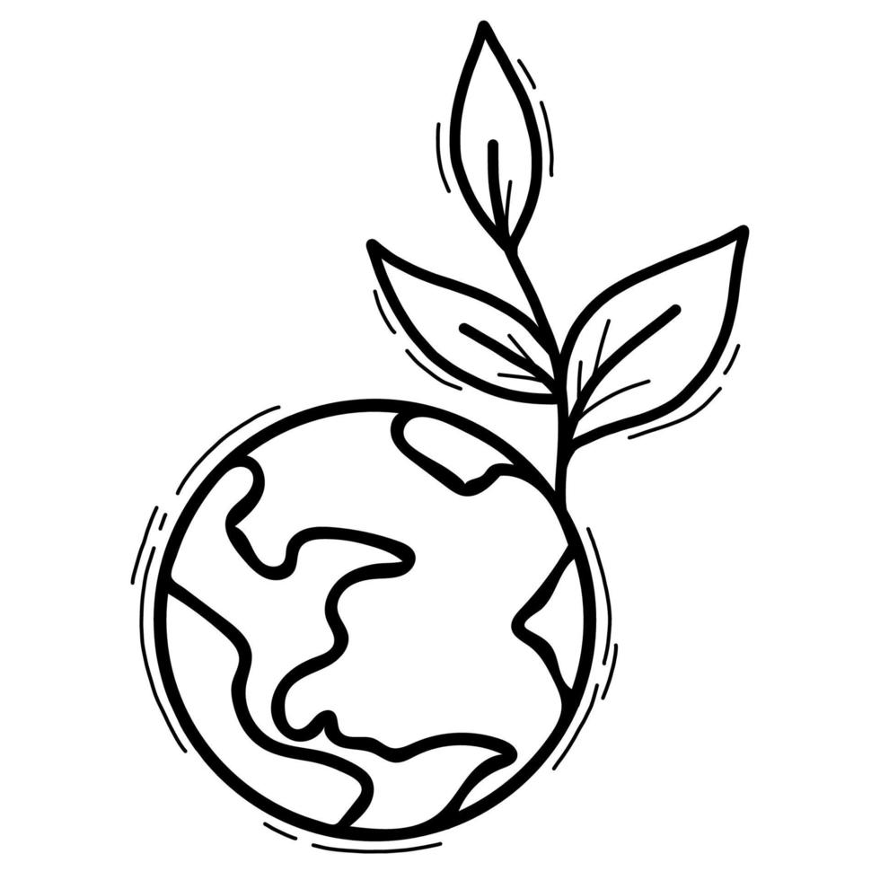 Ecology. Planet earth sign with sprout and leaves. Vector illustration. Linear hand drawn doodle