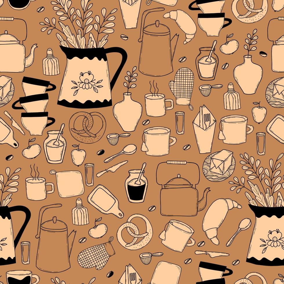 Seamless pattern with kitchen utensils and food. Kitchenware, kettles and a saucepan, preparation of food and drinks on brown background. Vector illustration. Outline drawn doodles linear style