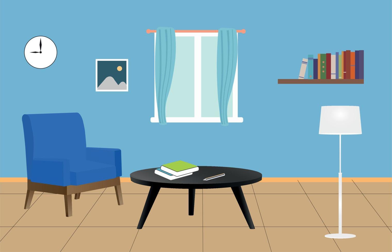 sala de estar moderna con muebles con mini mesa, lámpara, libro, reloj y ventana vector