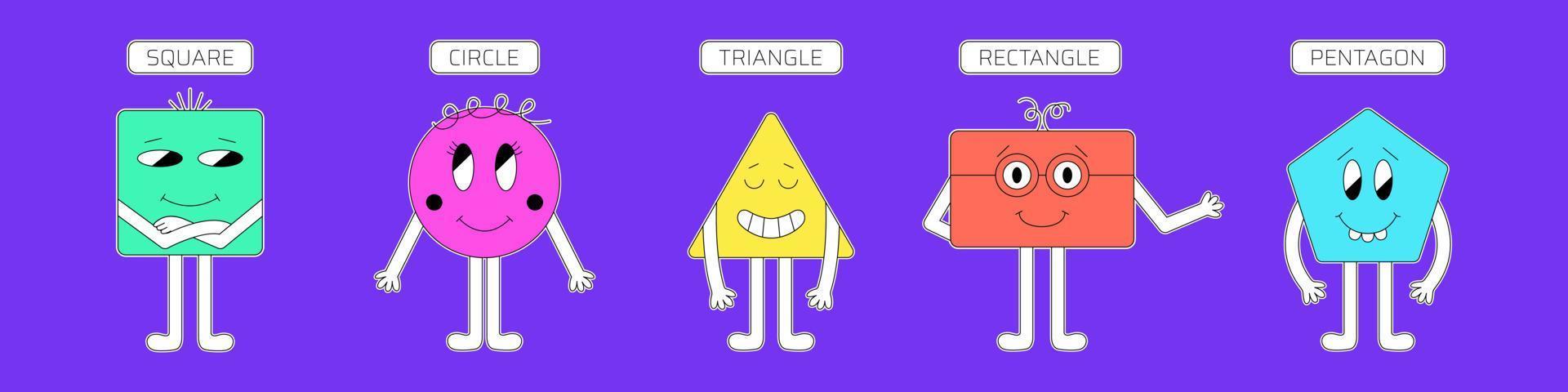 Funny cartoon geometric shapes. Set of cute basic vector shapes - square, circle, triangle, character, rectangle.