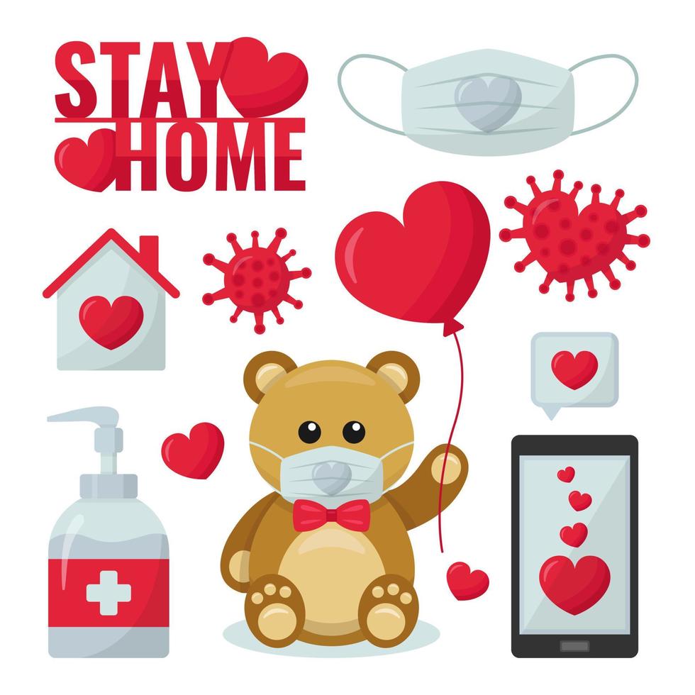 Coronavirus Valentines Day Vector Set - Teddy Bear, Balloon, Heart, Smartphone, Mask, Soap, Home.  Illustration in social distancing concept. Isolated on white background.