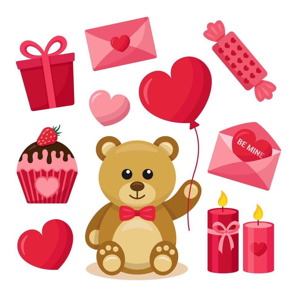 Valentine's Day Set - Teddy Bear, Heart, Gift, Present, Cupcake, Balloon, Candy, Envelope, Candles. Isolated Vector Elements on White Background.