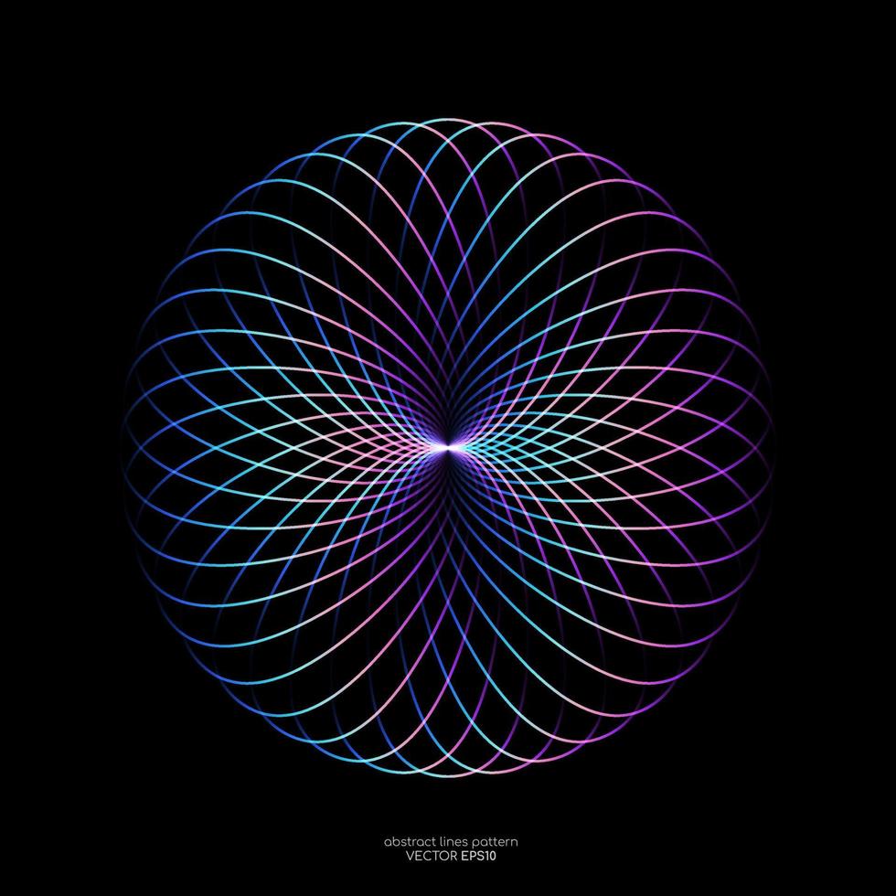 Abstract colorful spectrum light lines weaving pattern in circle shape isolated on black background. Vector illustration in concept technology, science, music, modern.
