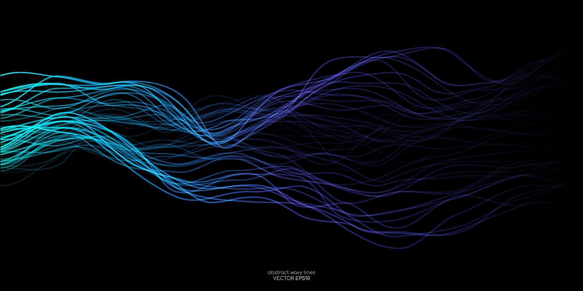 Vector wave lines flowing dynamic in colorful purple blue green isolated on black background for concept of AI technology, digital, communication, science, music