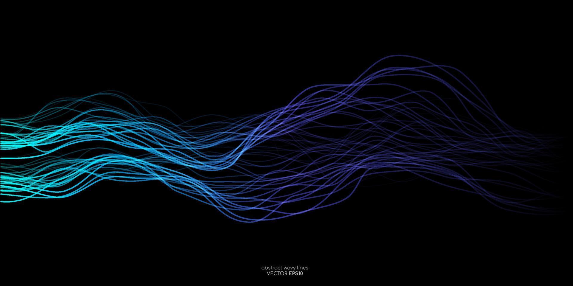 líneas de onda vectoriales que fluyen dinámicamente en un colorido verde azul púrpura aislado sobre fondo negro para el concepto de tecnología ai, digital, comunicación, ciencia, música vector