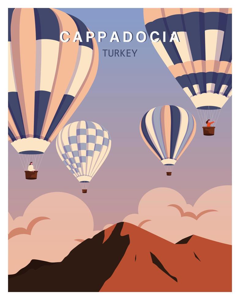 Hot air balloons over Cappadocia rocks landscape. Adventure travel in Turkey concept vector illustration. Summer vacation, travel.