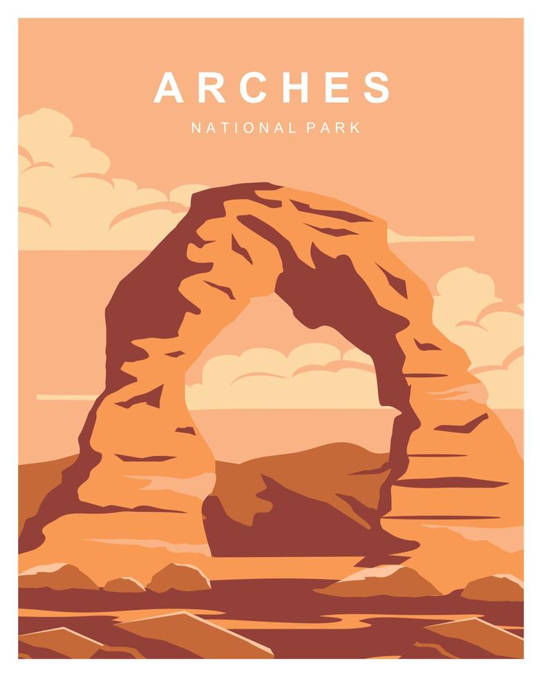Arches national park outdoor adventure background illustration. Travel to Arches National Park in Eastern Utah, United States. Flat Cartoon Vector Illustration in Colored Style.