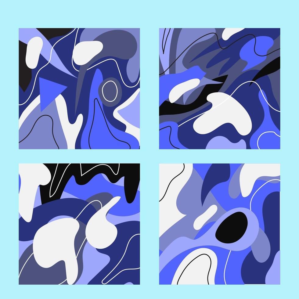 conjunto de cuatro fondos abstractos. dibujadas a mano varias formas y colores azules. ilustración moderna de patchwork en vector. puede hacer fondo e invitación vector