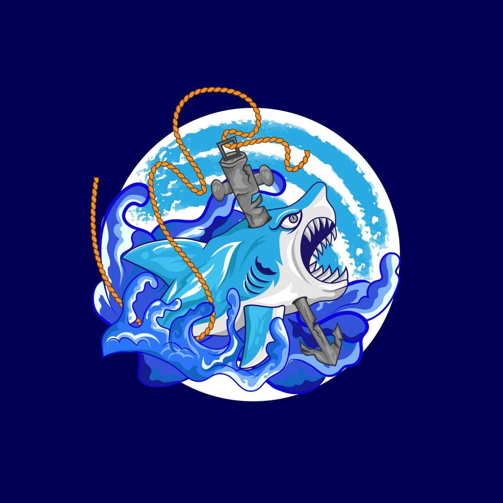 tiburón azul en el mar divertido diseño de camiseta para niños. diseño de ilustración vectorial para telas de moda, gráficos textiles, impresión. vector