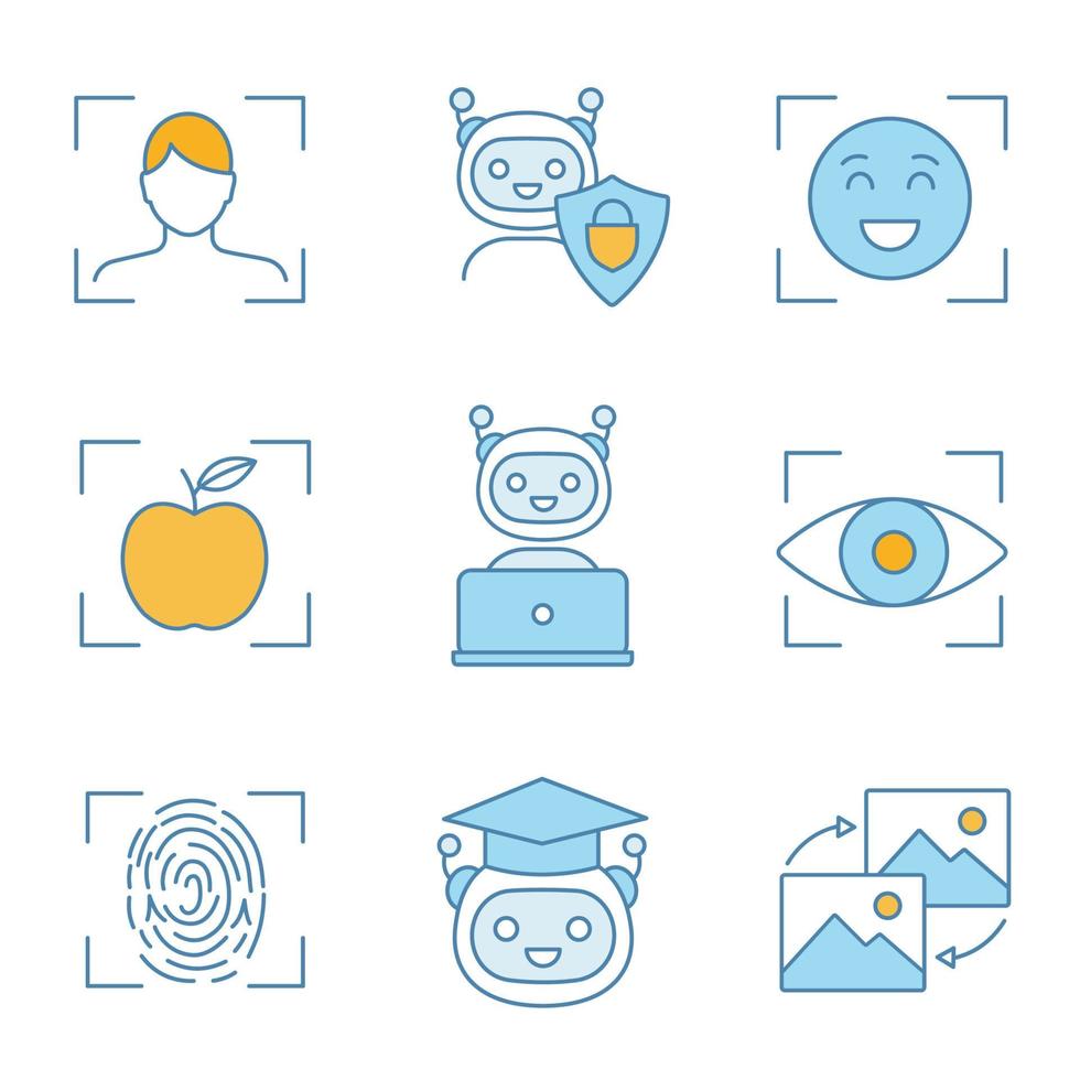 conjunto de iconos de color de aprendizaje automático. inteligencia artificial. chatbot, rostro, retina, identificación de huellas dactilares. ilustraciones de vectores aislados