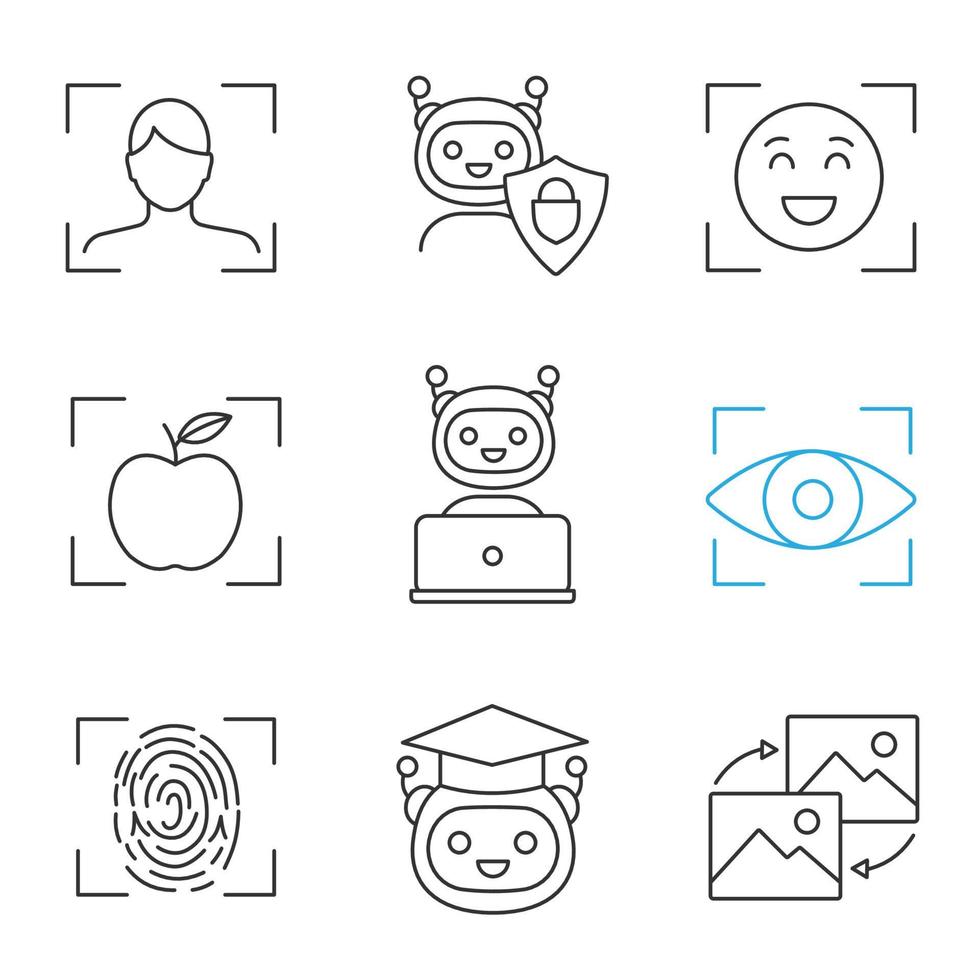 Machine learning linear icons set. Artificial intelligence. Chatbot, face, retina, fingerprint identification. Thin line contour symbols. Isolated vector outline illustrations. Editable stroke