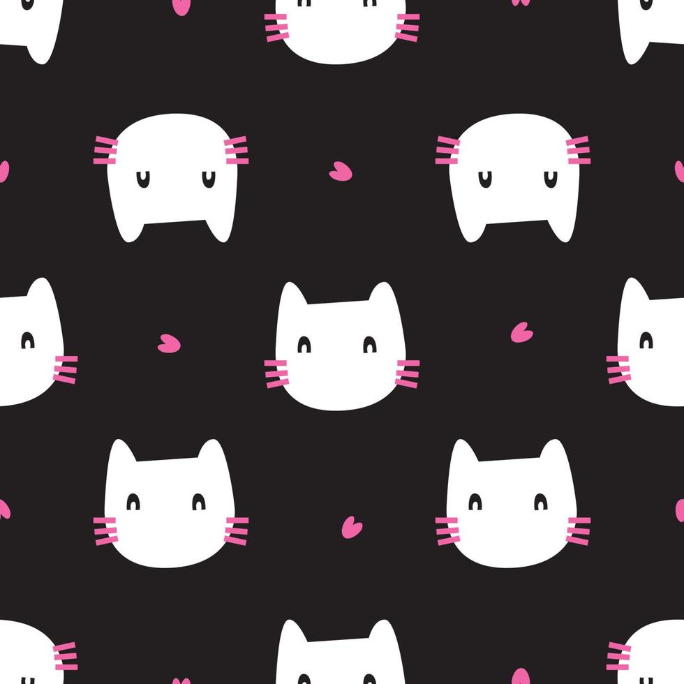 patrón de dibujos animados lindo gato. gato blanco y corazón rosa sobre fondo negro. el patrón lindo sin costuras en una niña, moda bebé. garabato de gato. diseño vectorial para moda, fondo, tela, papel pintado. vector