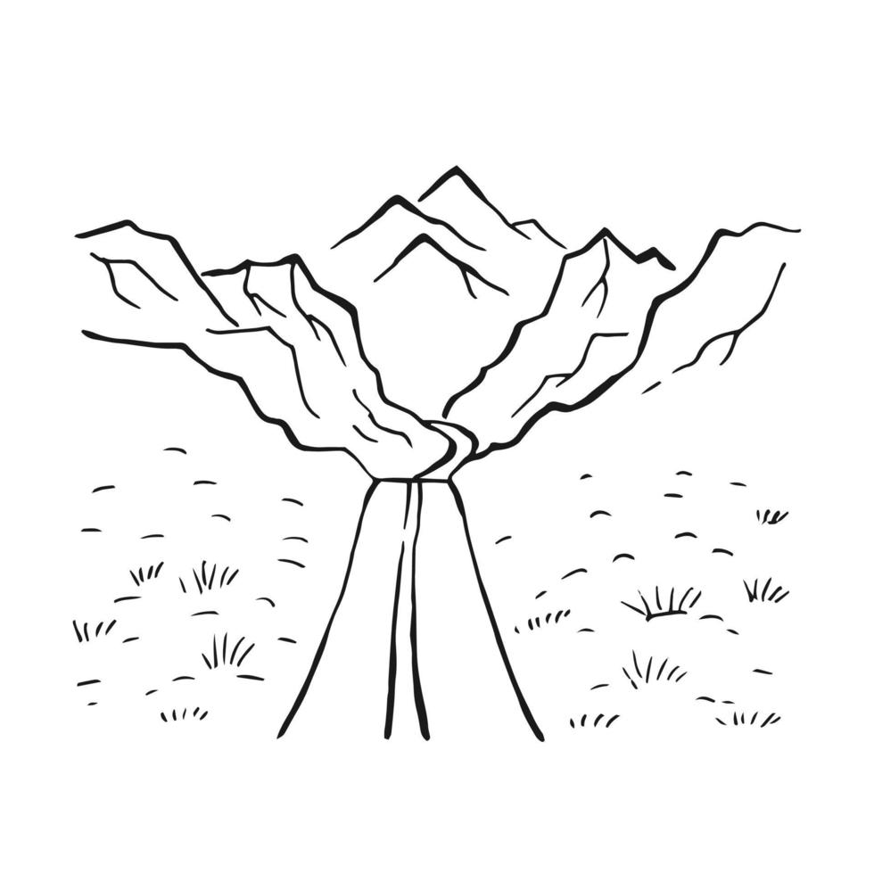 Road to mountains. Hand drawn landscape black on white background vector