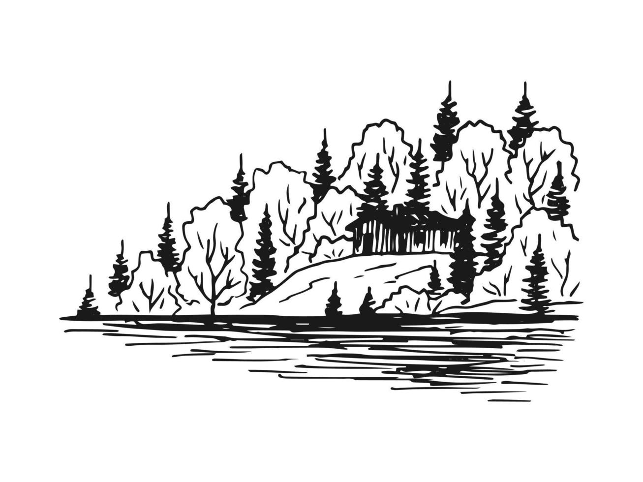 Landscape, lake, house and pine trees. Hand drawn sketch illustration vector