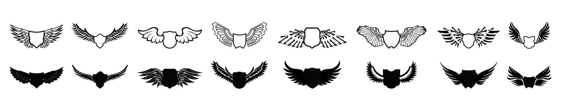 Set of blank  shields with wings,   Set of heraldic winged shields in different shapes with bird vector