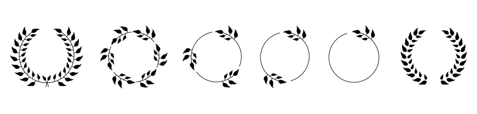 Set icon of black laurels frames branches with circle borders.collection laurel leaves decorative elements vector icon illustration