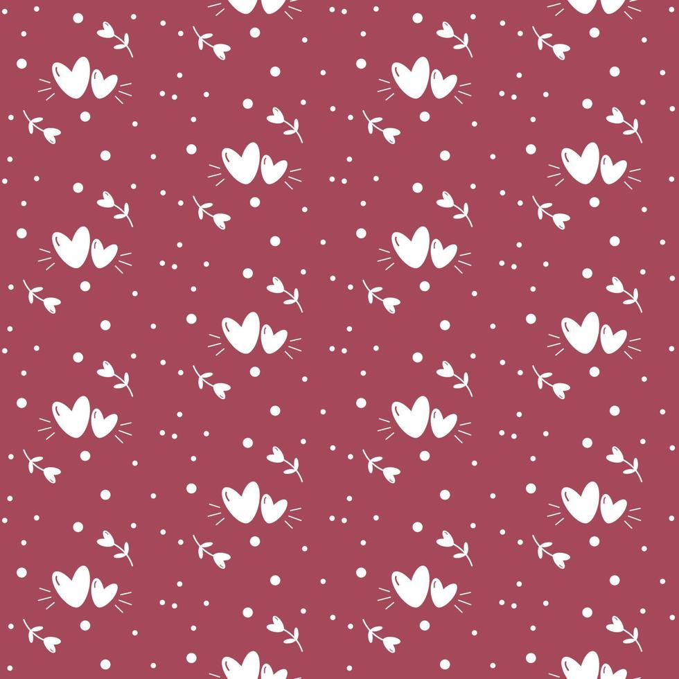 Cute romantic Valentine's seamless pattern with hearts and flowers on dark pink background. Vector flat illustration.