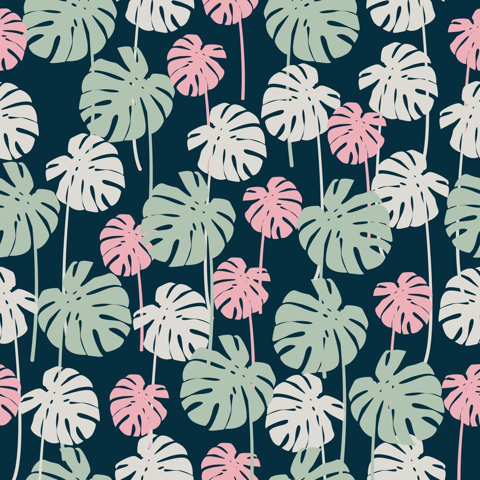 Seamless tropical monstera leaves pattern on green background. Vector flat style