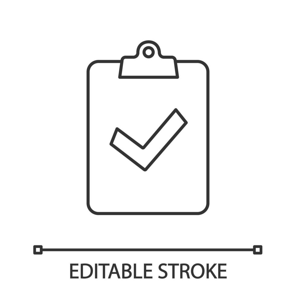 Assignment turned in linear icon. Successfully tested. Thin line illustration. Clipboard with check mark. Contour symbol. Vector isolated outline drawing. Editable stroke