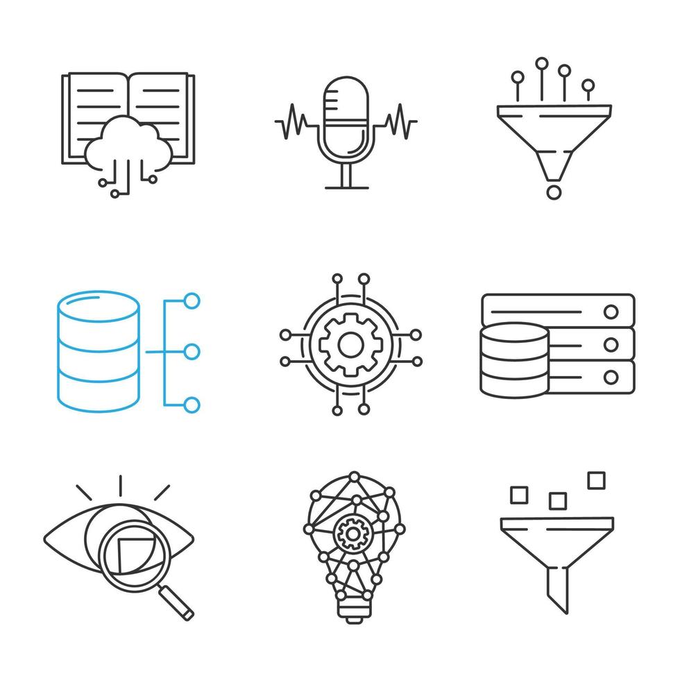 Machine learning linear icons set. Artificial intelligence. Database. AI. Digital technology. Thin line contour symbols. Isolated vector outline illustrations. Editable stroke