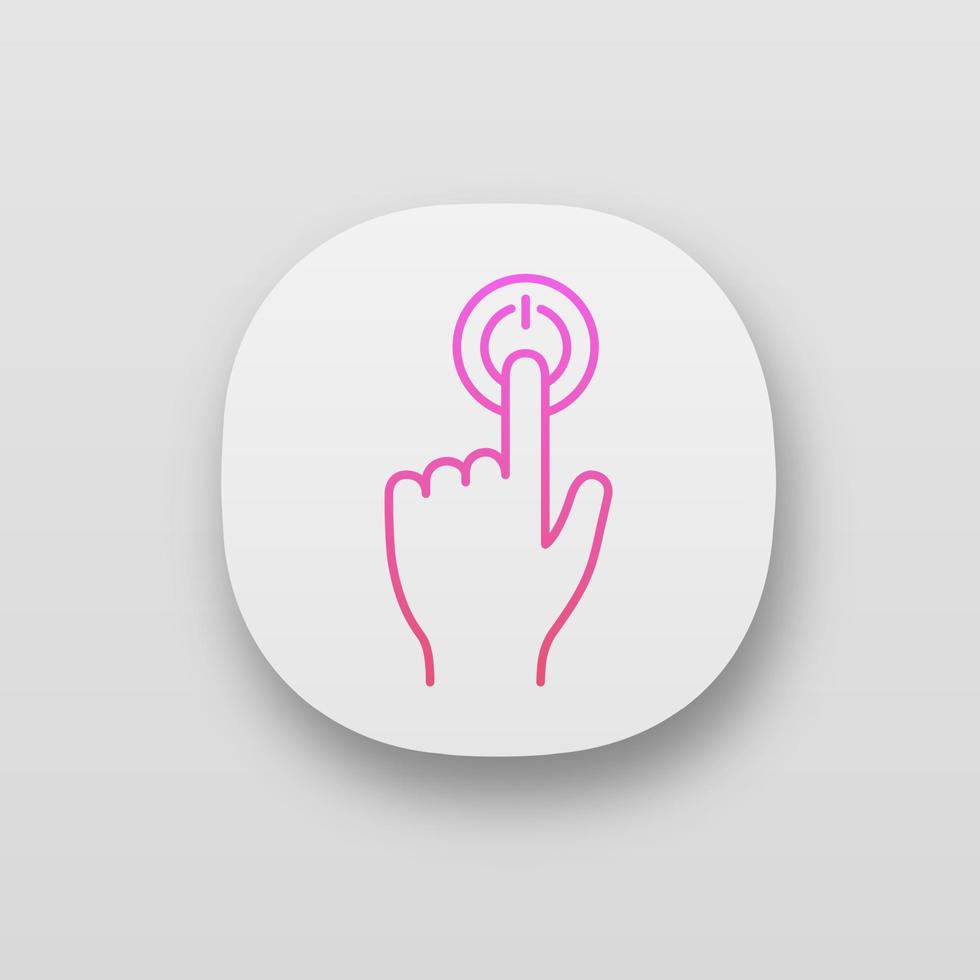 Power button click app icon. UI UX user interface. Start. Turn on. Hand pressing button. Web or mobile application. Vector isolated illustration