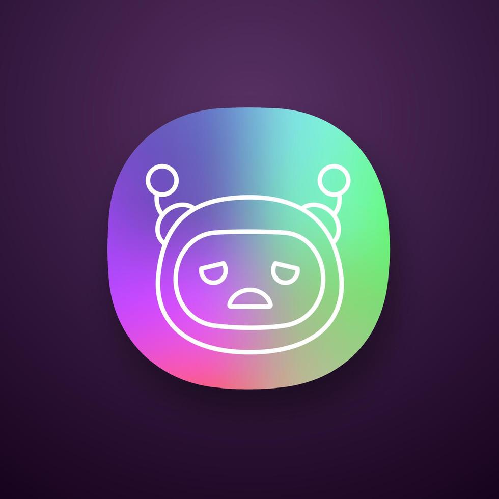 icono de la aplicación de emoji robot triste. molesto chatbot smiley. interfaz de usuario ui ux. emoticono de bot de chat. asistente virtual. inteligencia artificial. aplicación web o móvil. ilustración vectorial aislada vector