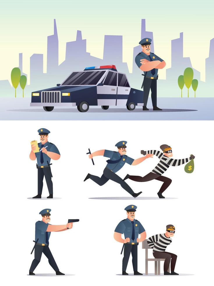 Police and robber character with city background set collection cartoon vector