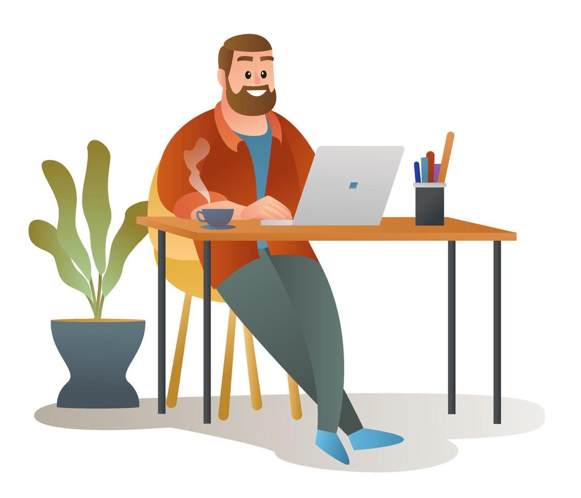 Man working in the studio over a cup of coffee illustration vector