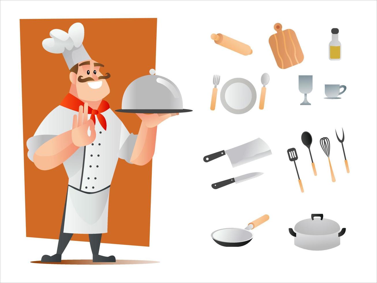 Chef character and kitchenware utensils vector cartoon