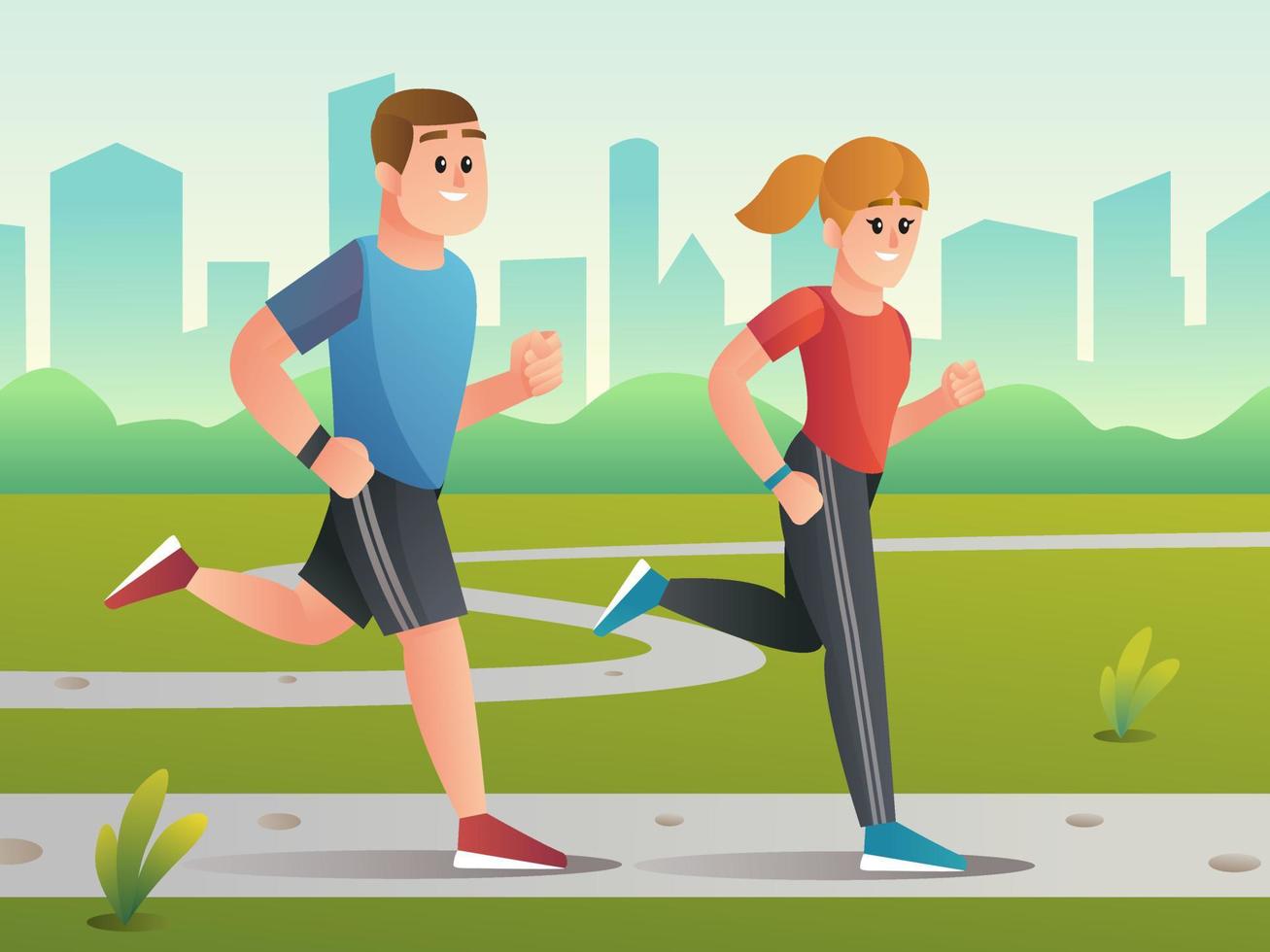 Boy and girl are running in the garden illustration vector