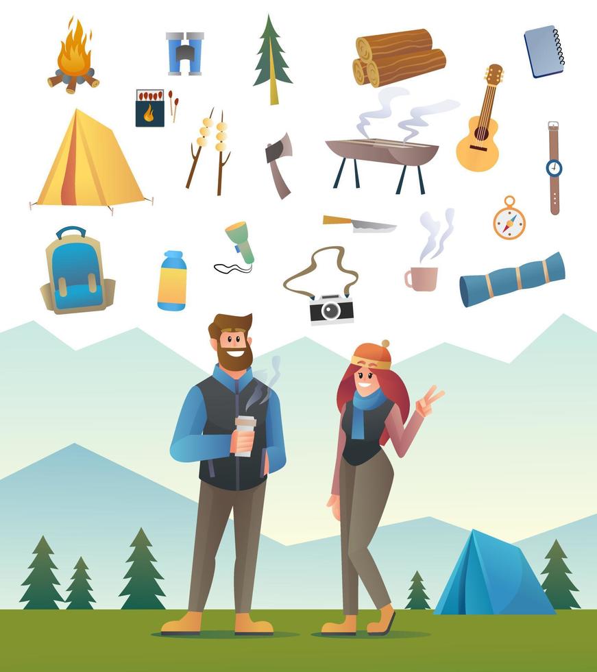 Par camper personaje turístico con equipo de campamento ilustración vectorial vector