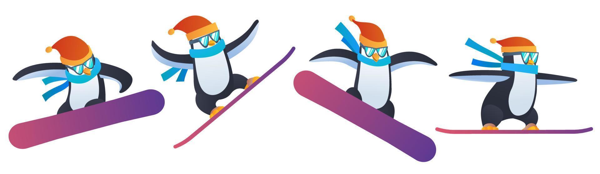 pingüino snowboard en varias poses carácter vector