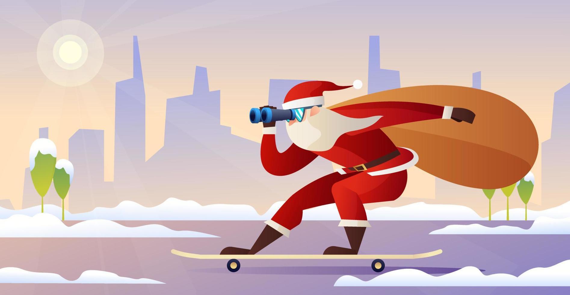 Santa Claus skateboarding in the city template illustration. Santa claus brings gifts. Merry Christmas and Happy New Year greeting template vector