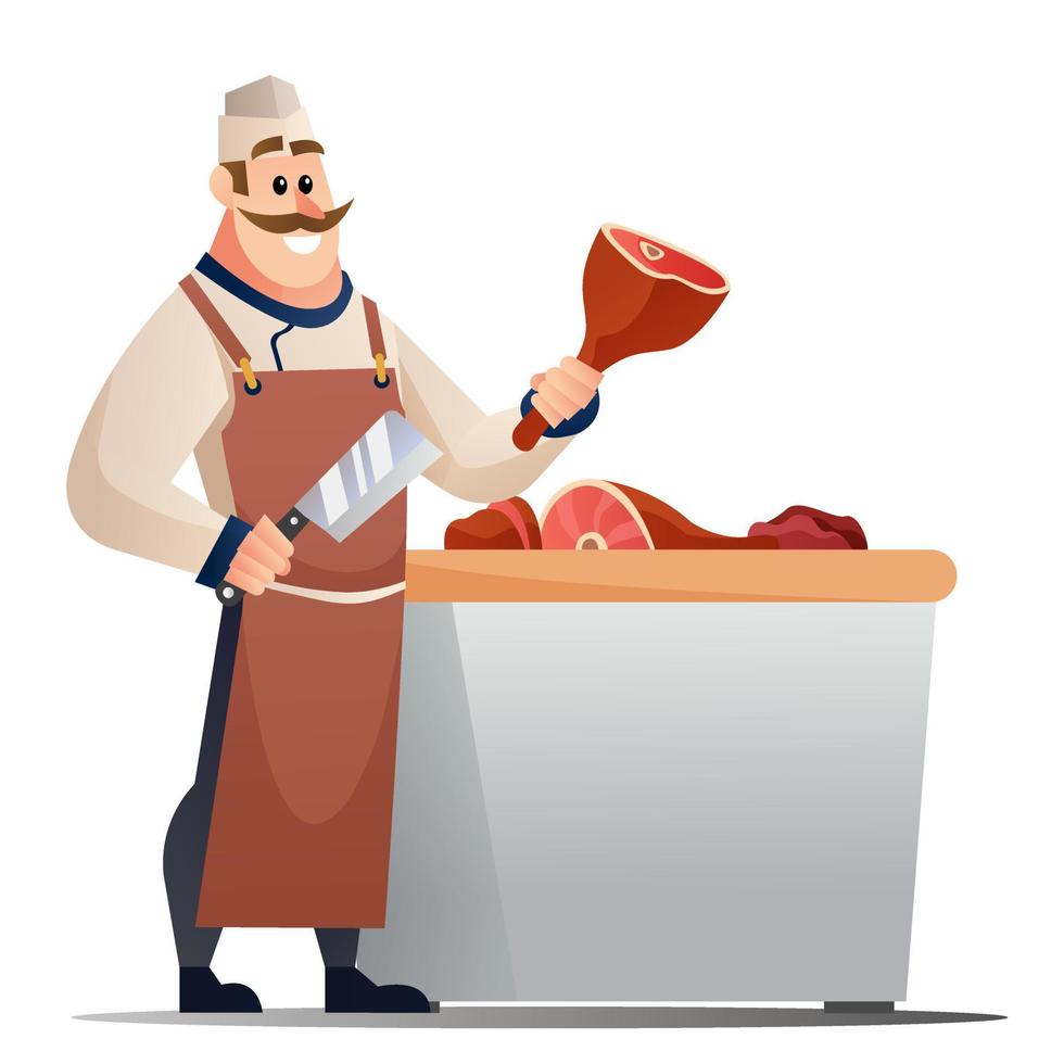 carnicero con ilustración de dibujos animados de cuchillo y carne. carnicero profesional vector