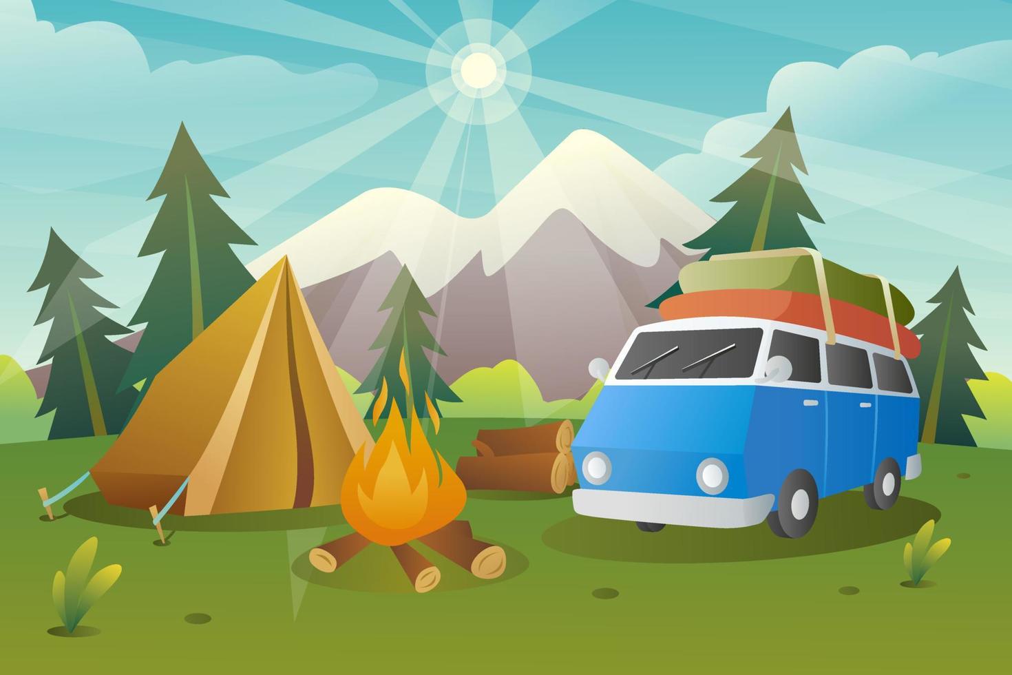 Illustration of summer camp area and equipment in vector cartoon