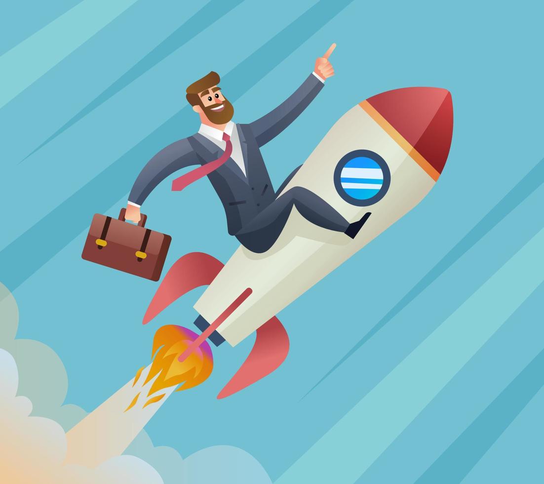 Businessman flying on rocket startup concept. Flat character illustration vector