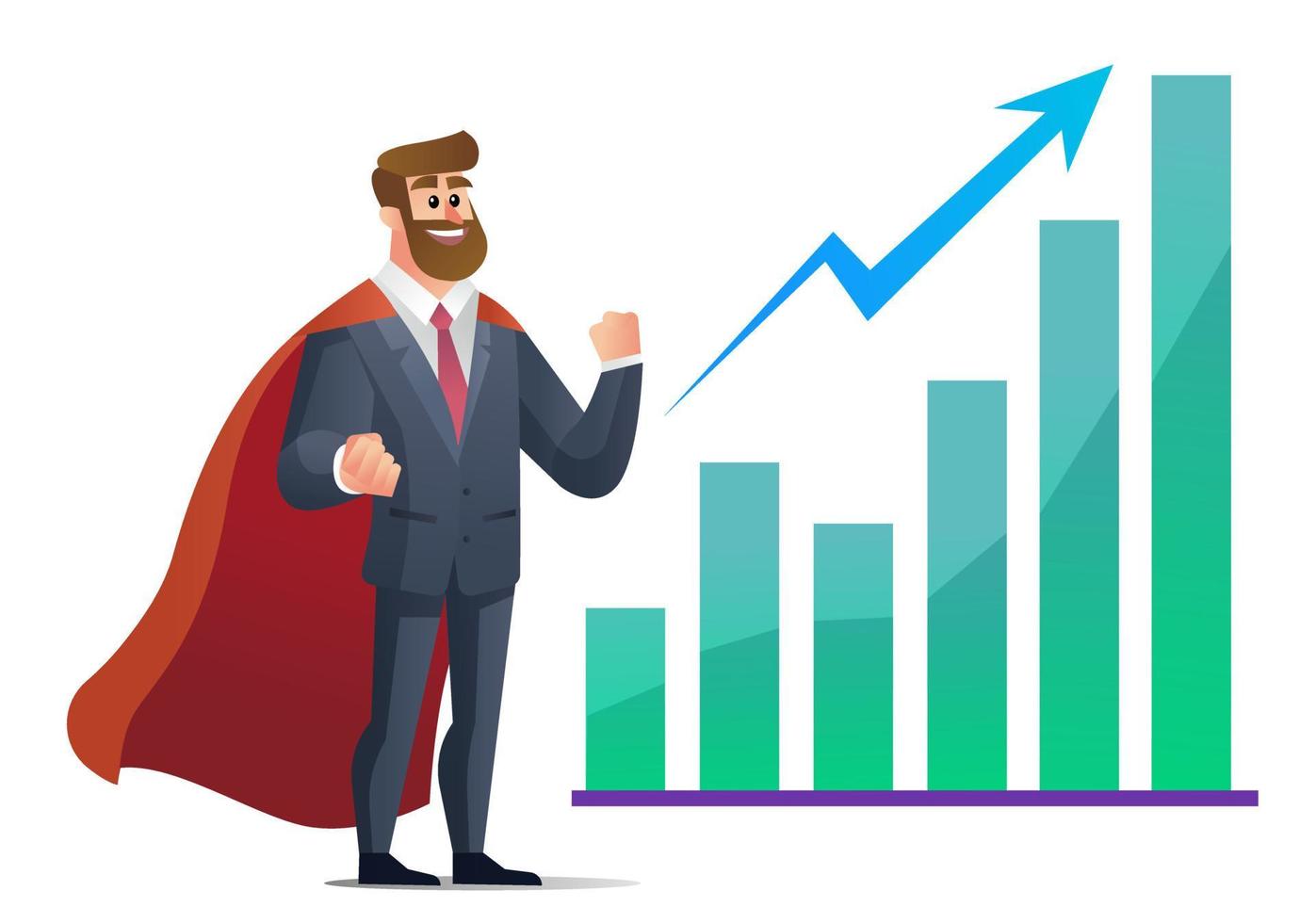 personaje de concepto de superhéroe de hombre de negocios. hombre de negocios disfrazado de superhéroe logra el objetivo con resultados gráficos. vector