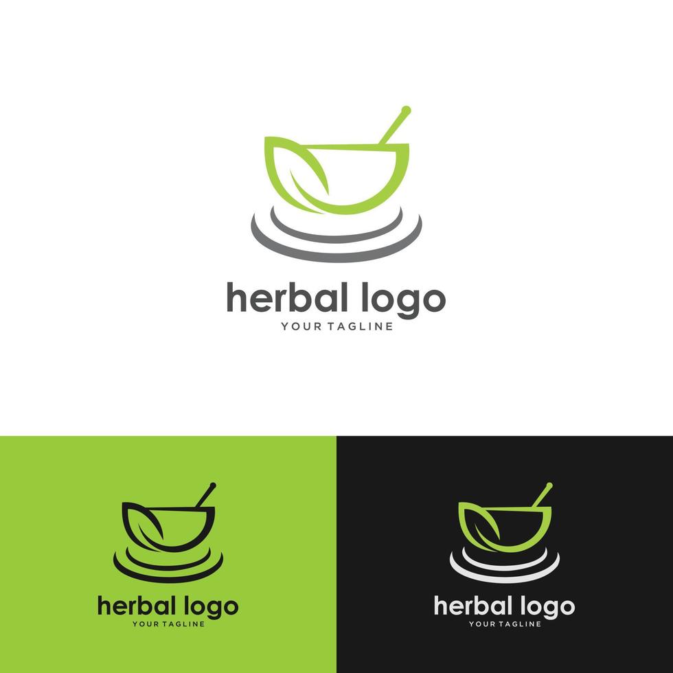 gráfico vectorial del logotipo de hierbas con un icono que consta de mortero, maja y hoja. mejor para cualquier negocio. vector