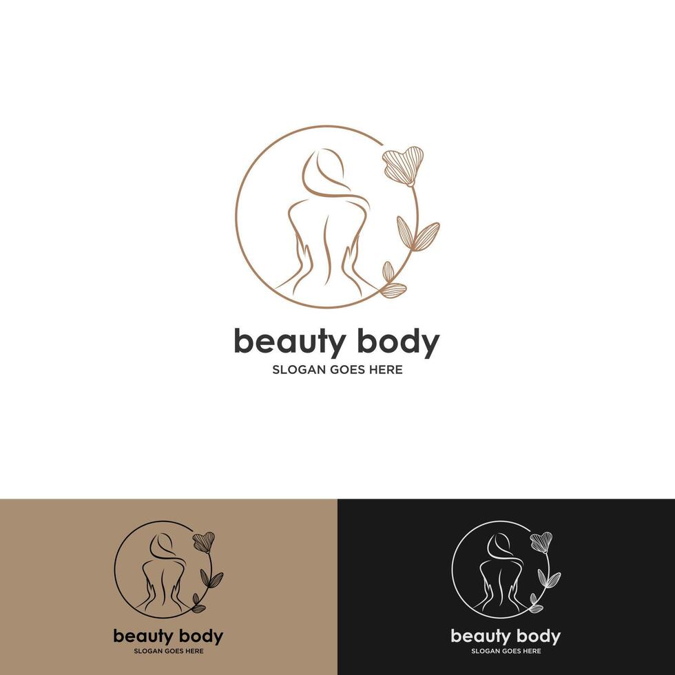 belleza naturaleza cuerpo spa logo diseño. ilustración vectorial del cuerpo de la mujer de belleza con planta botánica. plantilla de diseño de icono vintage moderno con estilo de arte de línea. vector