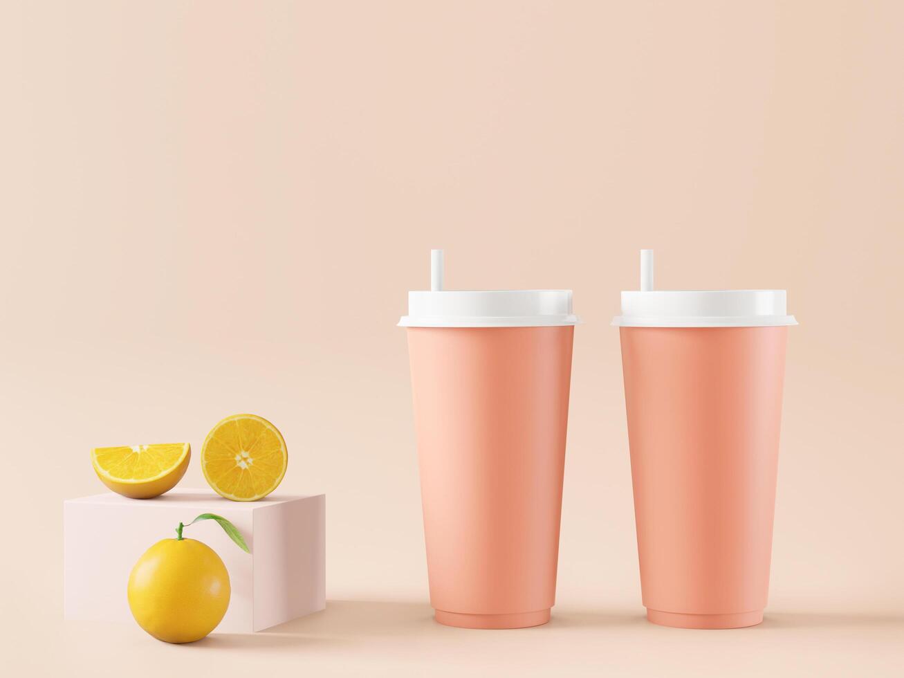 A mock up of realistic light orange blank paper cups with plastic lid. Coffee to go, take out mug, 3D render, 3D illustration photo