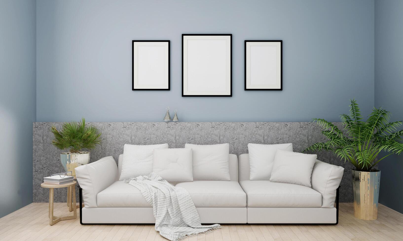 un grupo de marcos de afiches simulados en la parte superior de la pared interior moderna del sofá con un árbol, sala de estar, presentación en 3d, ilustración en 3d. fondo de color claro. foto
