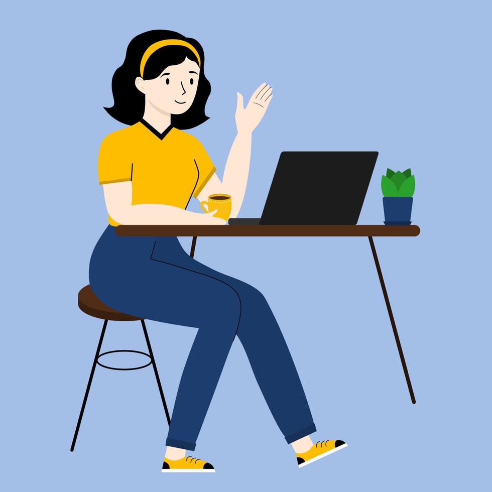 A girl is sitting at her laptop. Work at home. A girl in a yellow T-shirt with a cup of coffee. Flat cartoon style vector illustration